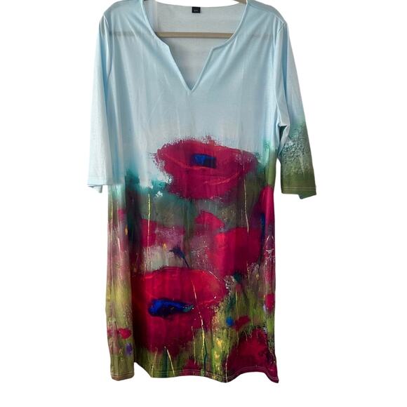 Handpainted women's V-neck midi oversized dress short sleeve pull over SZ XXL - Picture 1 of 7